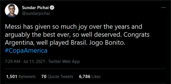 Messi has given so much joy over the years and arguably the best ever, so well deserved. Congrats Argentina, well played Brasil. Jogo Bonito. #CopaAmerica